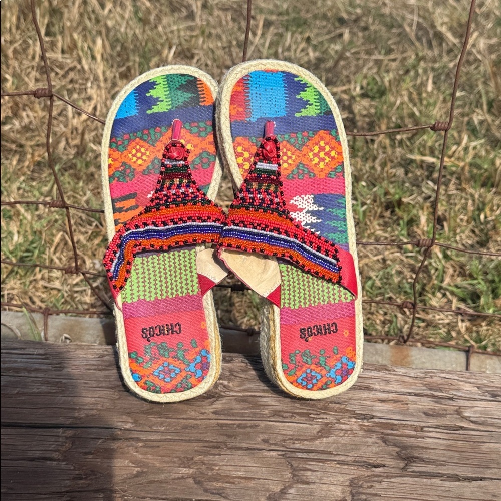 Chicos Beaded Espadrille Colorful Flip Flop Sandals leather BOho Beach Size 6 - Picture 6 of 9